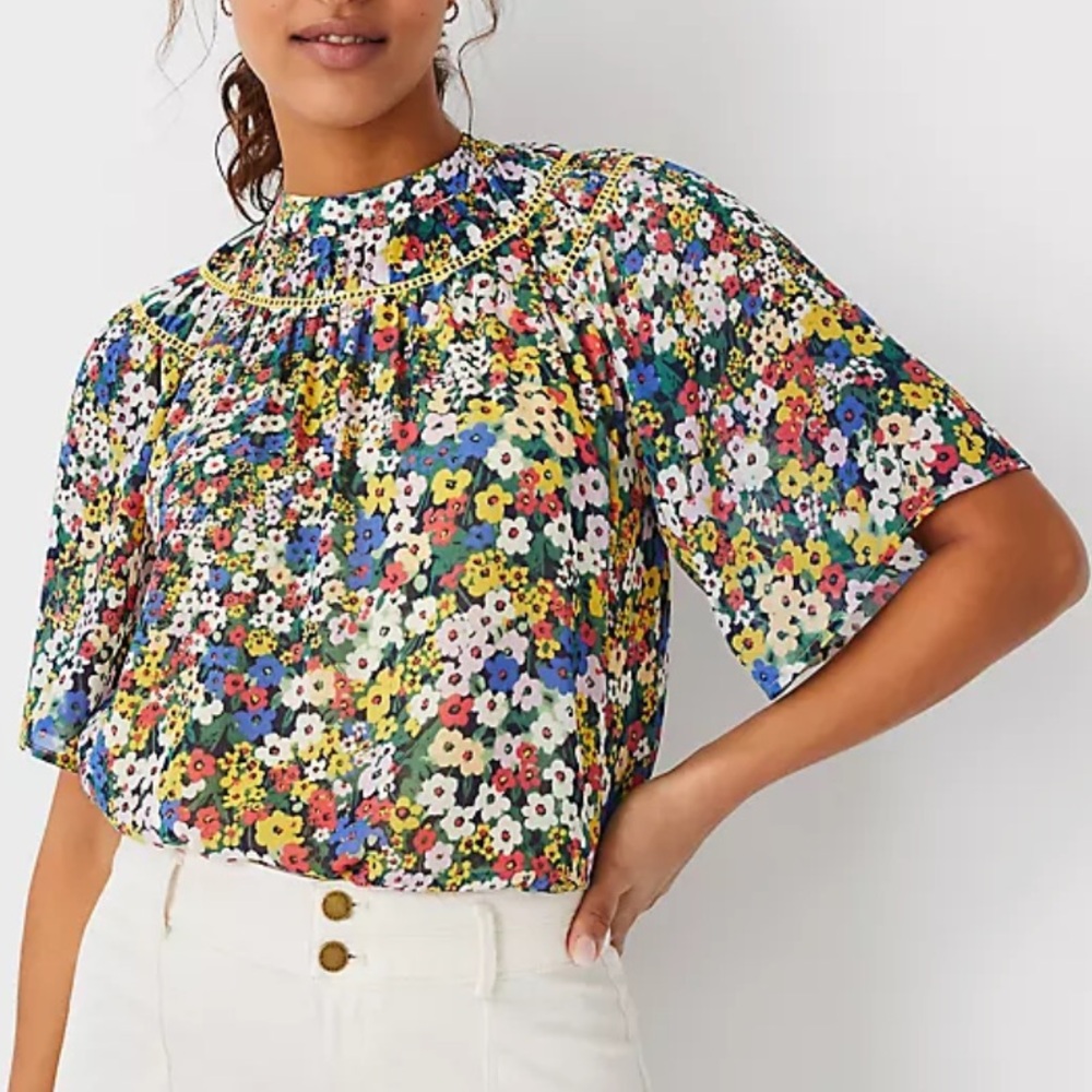 Ann Taylor Floral Cutout Yoke Blouse